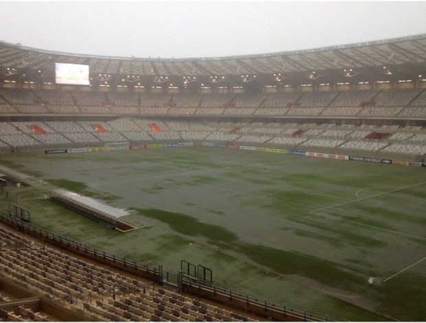 Mineirão com o gramado encharcado (Foto: Globoesporte.com)