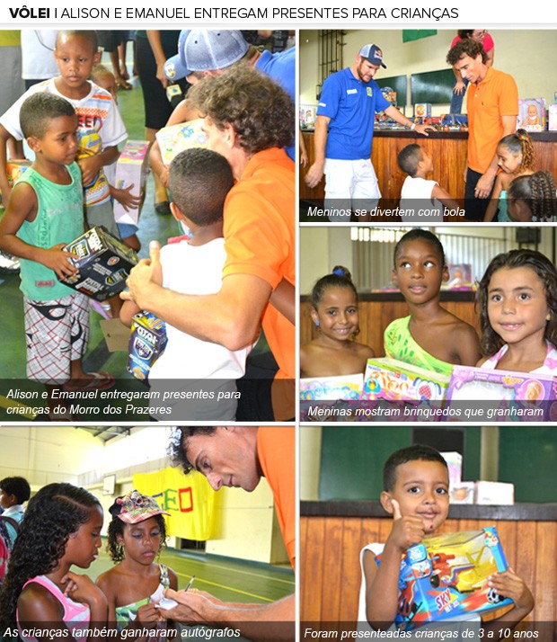 Galeria, Alison e Emanuel entregaram presentes para crianças do Morro dos Prazeres (Foto: Editoria de Arte / Globoesporte.com)