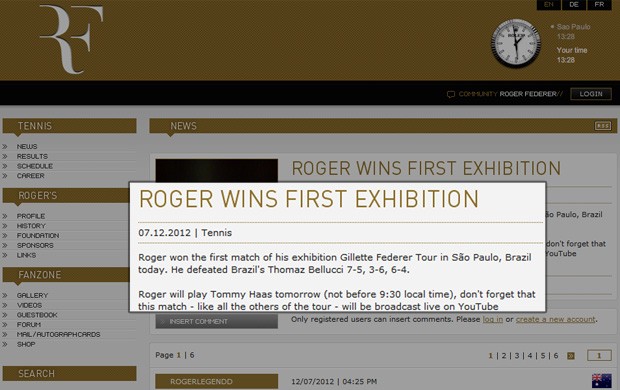 site Roger Federer vitória (Foto: Reprodução / Site Oficial)