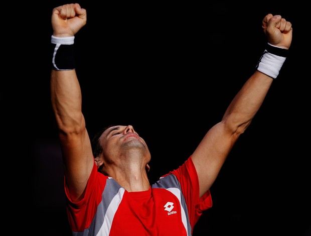 David Ferrer comemora vitória sobre o francês Jo-Wilfried Tsonga no Masters 1.000 de Paris (Foto: Getty Images)