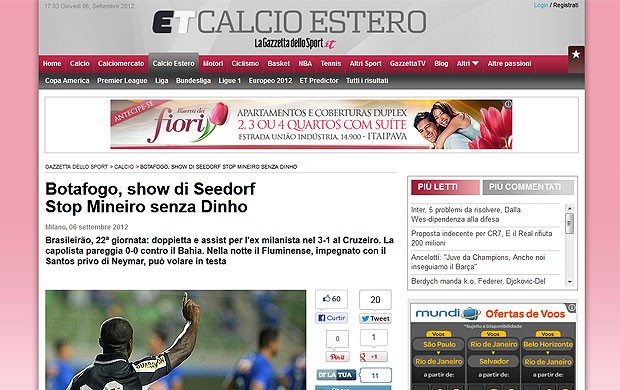 Seedorf partida jornais internacionais Botafogo (Foto: Reprodução / Corriere dello Sport)