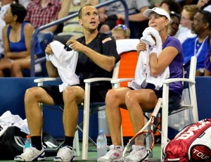 Bruno e Ekaterina durante intervalo do confroto com Clijsters e Bryan (Foto: Divulgação / US Open)