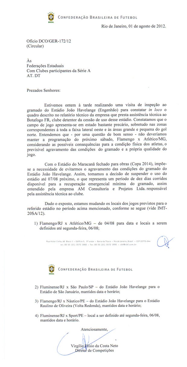 Documento da Cbf sobre o Engenhão (Foto: Divulgação)