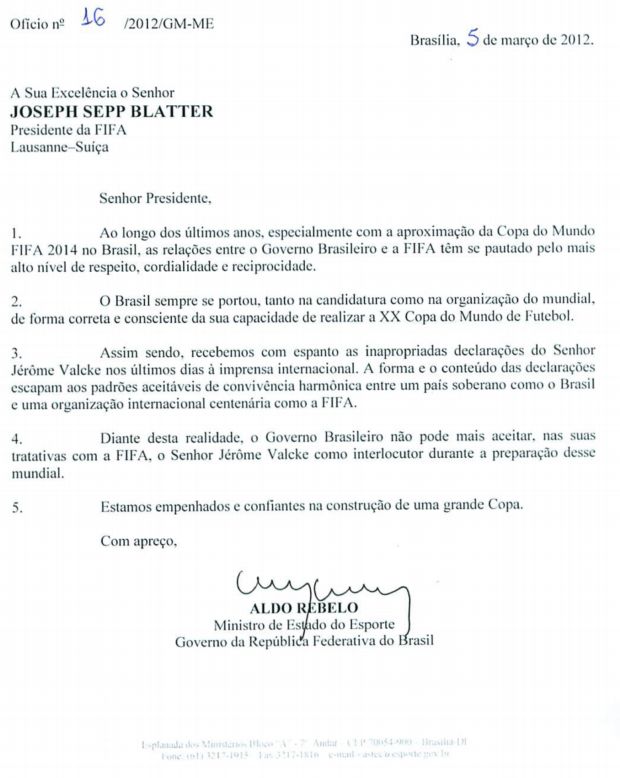 Carta do ministro Aldo Rebelo contra Jerome Valcke, da Fifa (Foto: Divulgação)