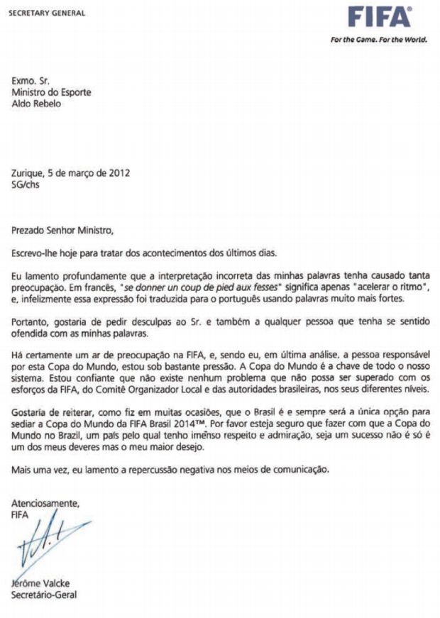 Carta de pedido de desculpa de Jérôme Valcke ao governo brasileiro (Foto: Divulgação)