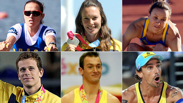 Fabiana Beltrame, Fabiana Murer e Maurren Maggi, no feminino, Cesar Cielo, Diego Hypólito e Emanuel Rêgo, no masculino, concorrem ao troféu Melhor Atleta do Ano 2011 (Foto: Editoria de Arte/Globoesporte.com)